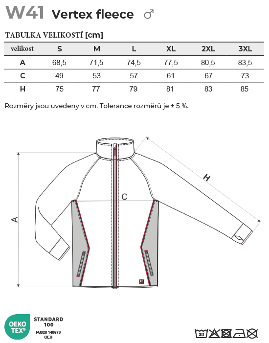 W41 Vertex stretch fleece pánský Tabulka velikostí
